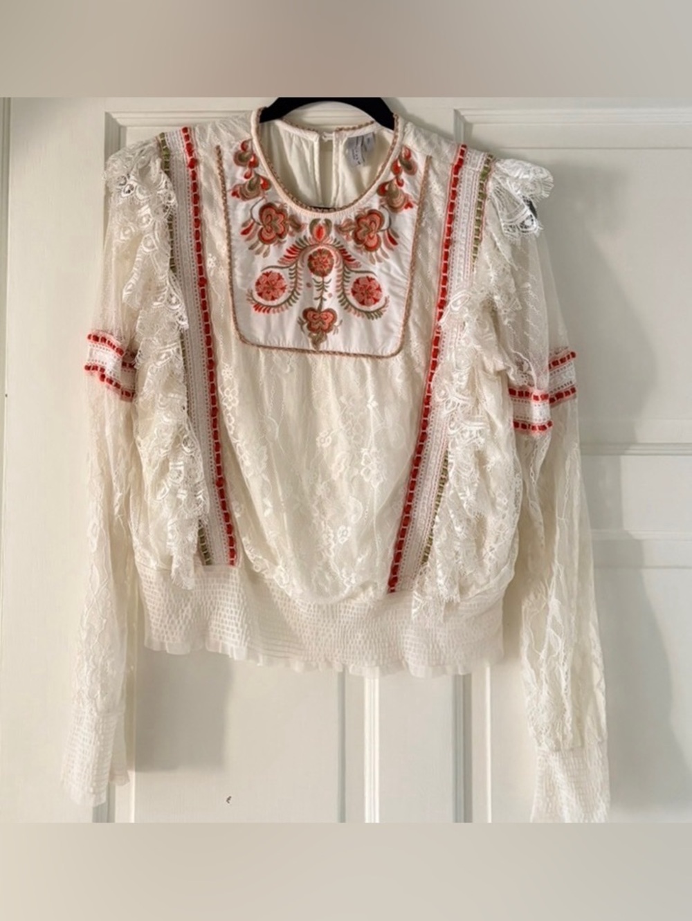 Ivory Lace Boho Blouse with Coral Embroidery